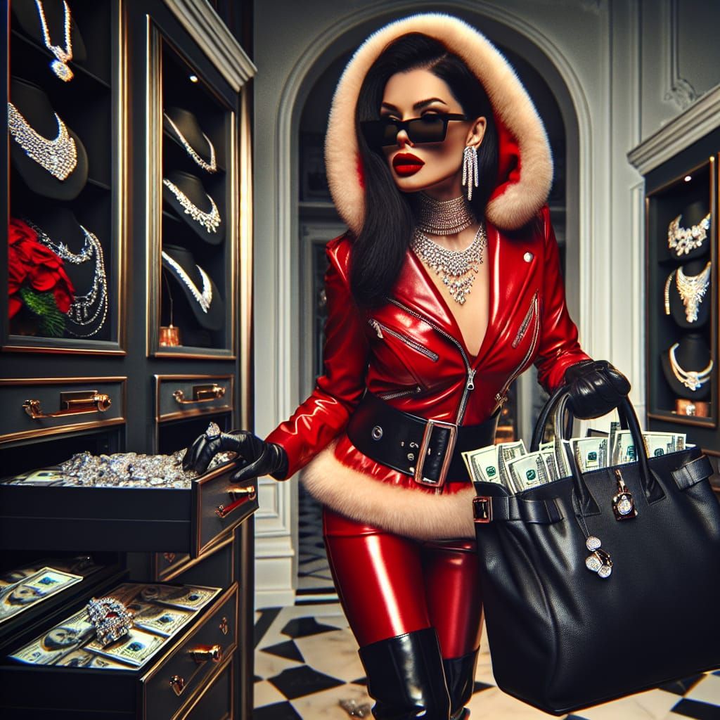 Sultry Latina Thief Steals Jewels in Red Leather Santa Suit