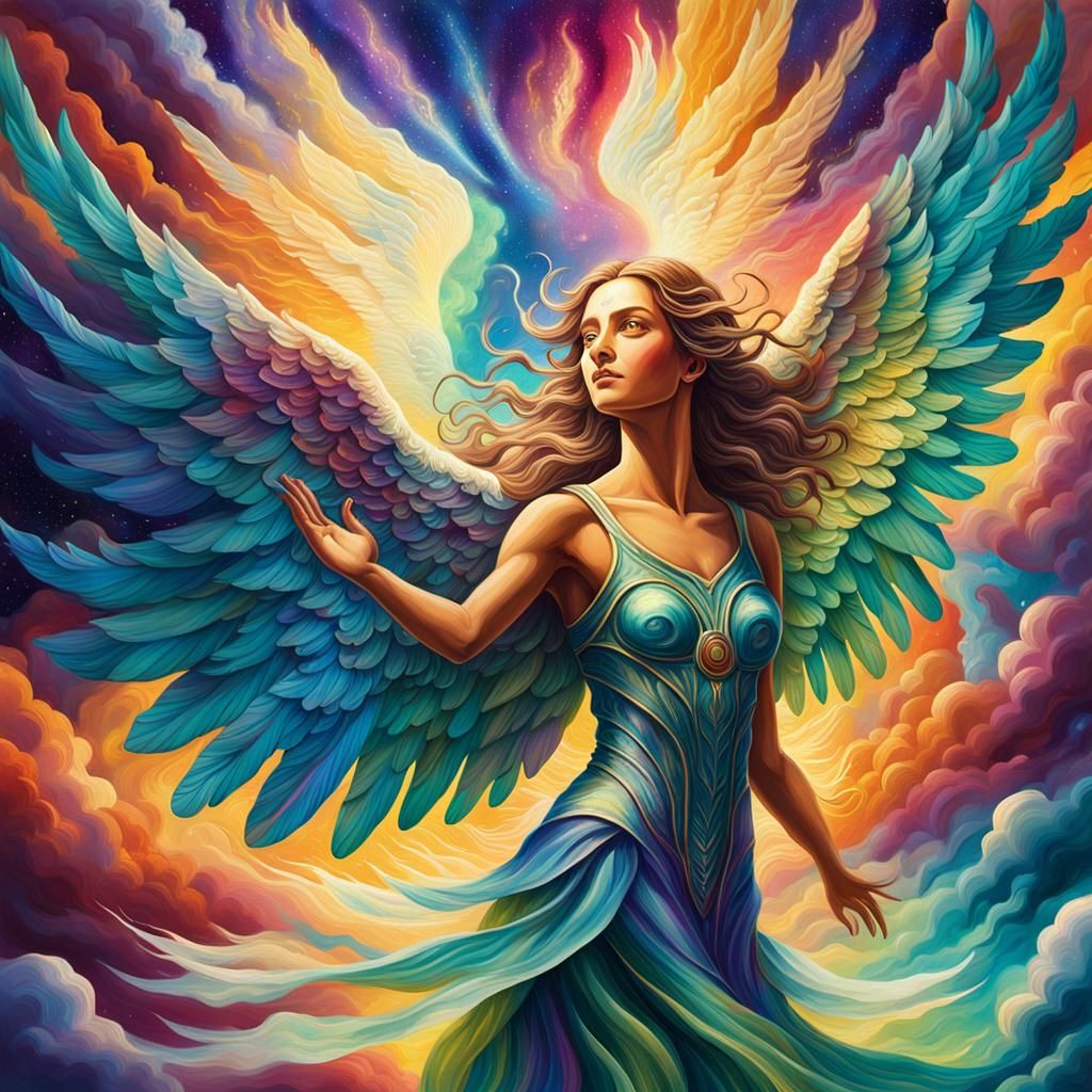 Angel Bestowing Cosmic Superpowers in Surreal Painting