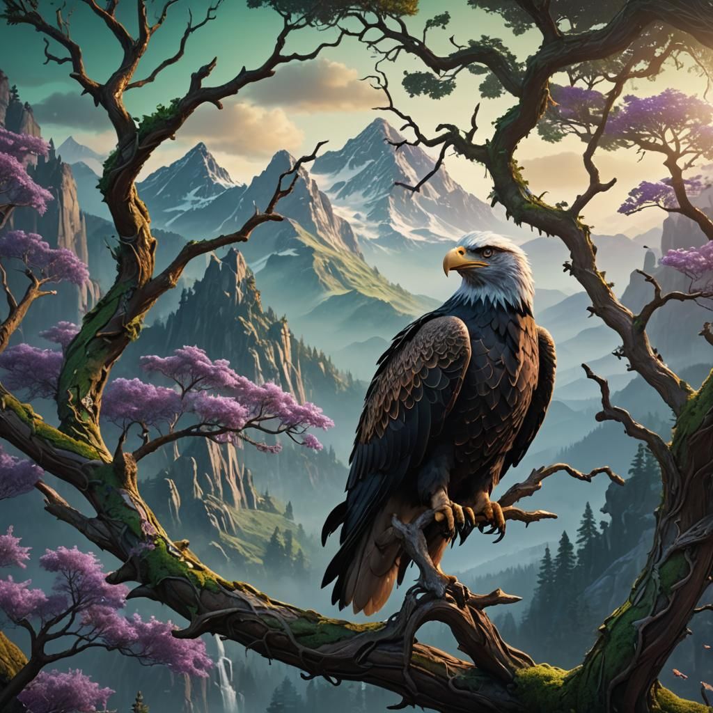Majestic Eagle Overlooking Mystical Mountains