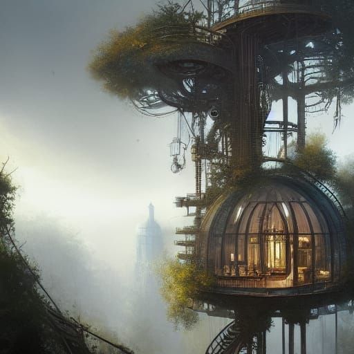 Steampunk Treehouse Penthouse in Dark Fantasy Style