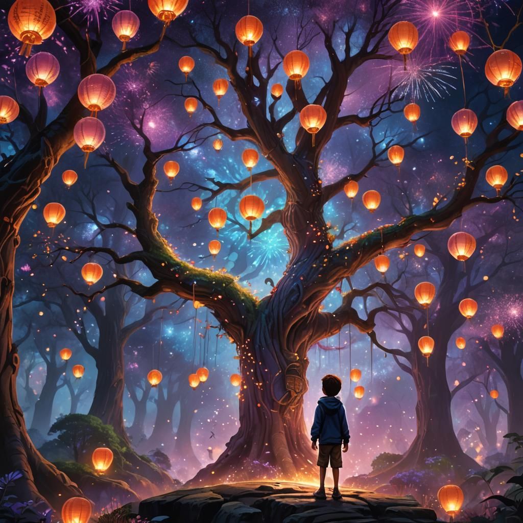 Boy in Dreamlike Forest with Fireworks, Digital Art