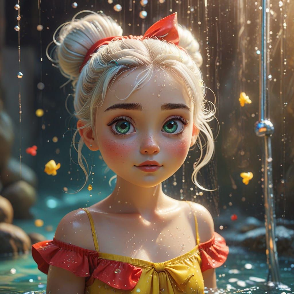 Cute Girl in Yellow Dress Turning on Shower