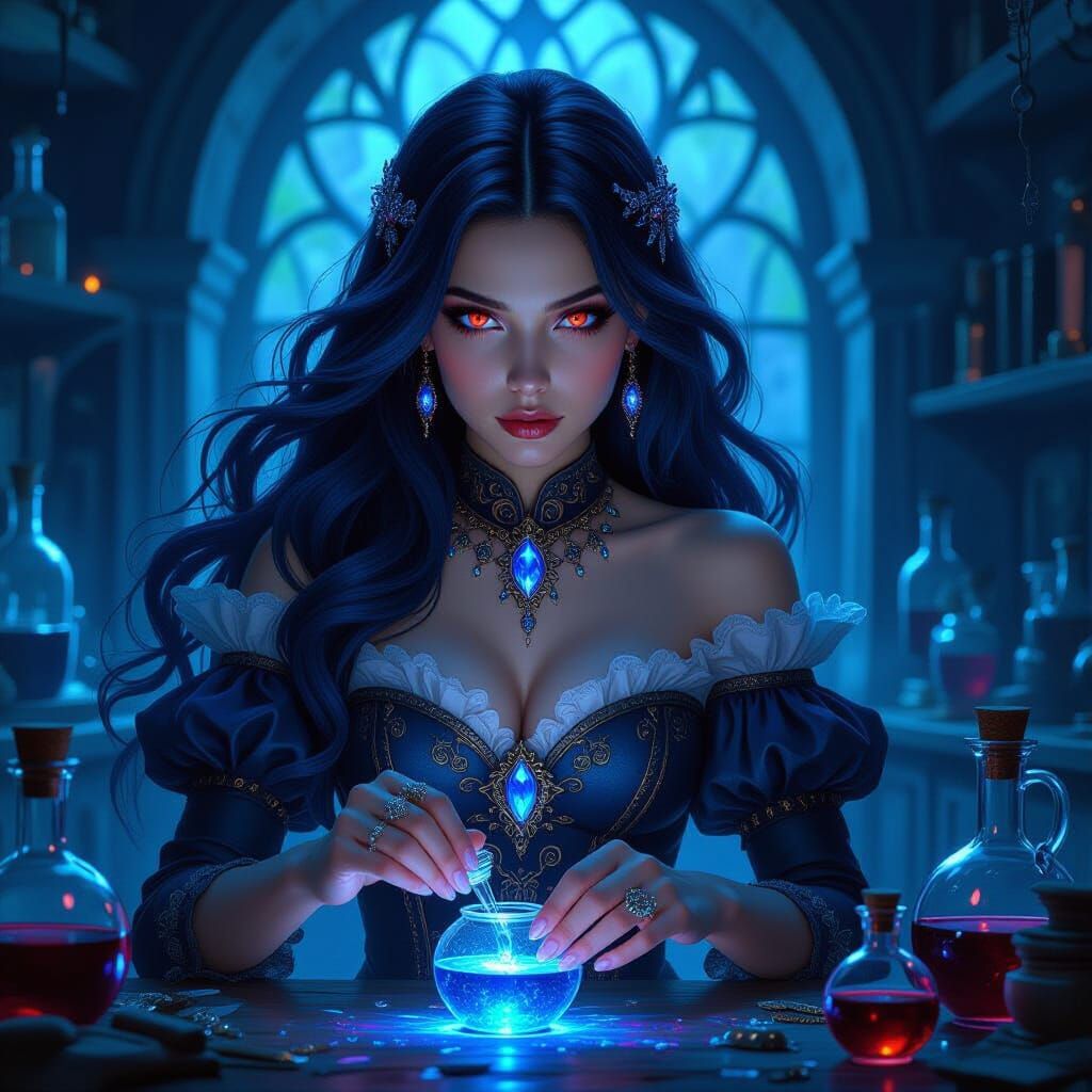 Dark Fantasy Alchemist Woman with Luminous Gems