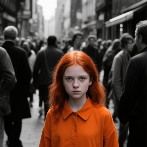 Vivid Girl Breaks Monochrome Street Scene