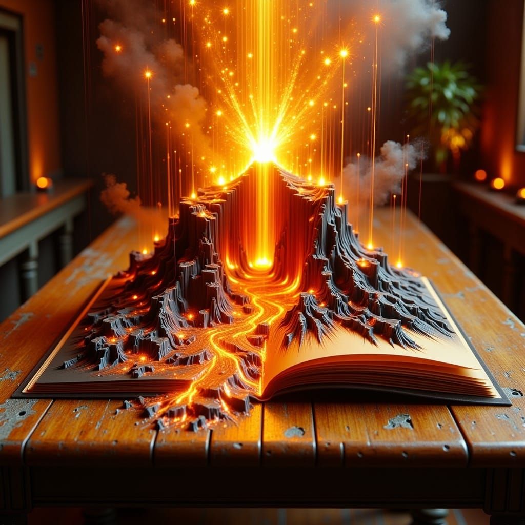 Exploding Volcano Pop-Up Book in Robinson-Tan-Froud Style