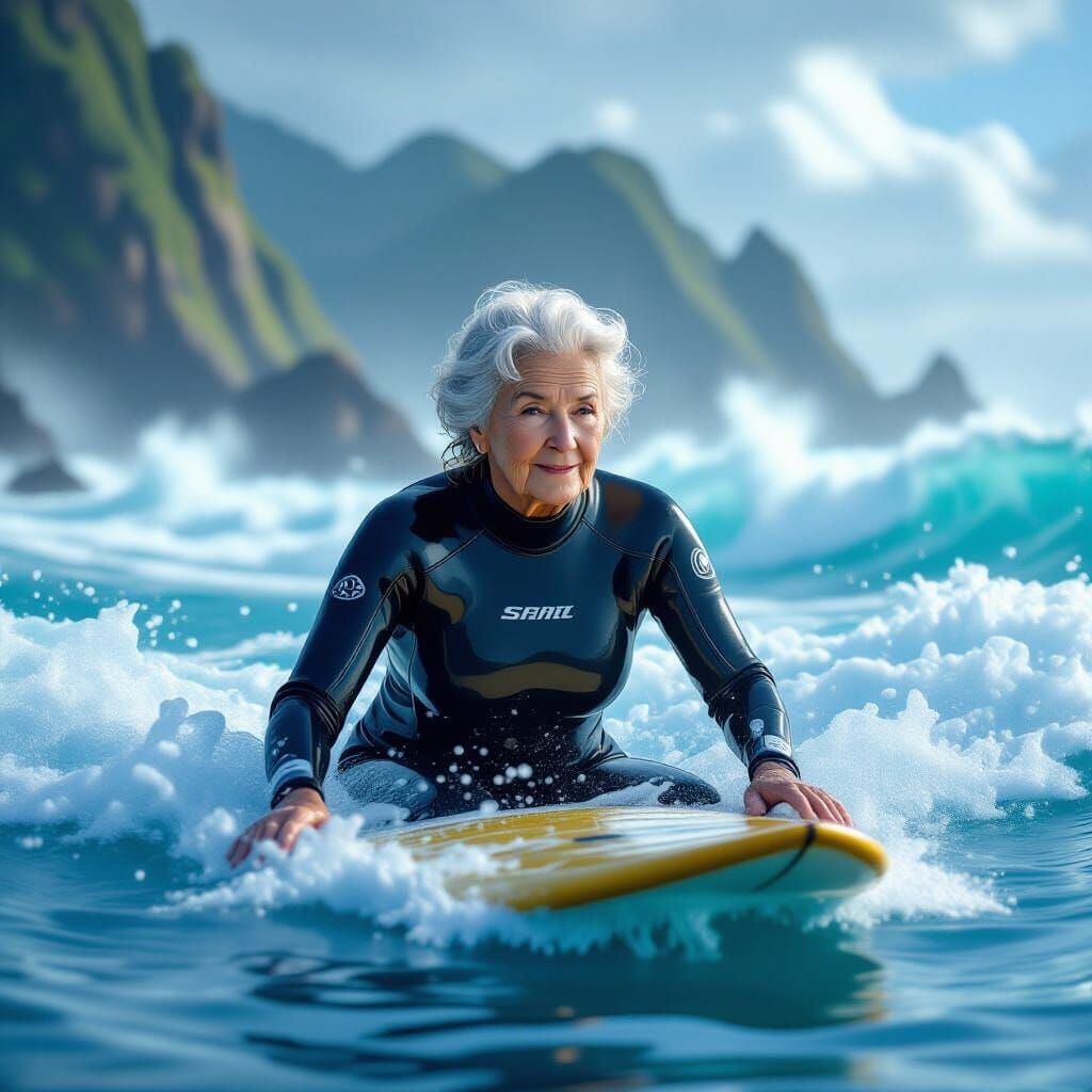 Elderly Woman Surfing in Digital Matte Painting Style