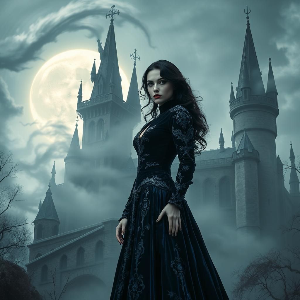 Mystical Vampire in Gothic Castle, Eerie Landscape