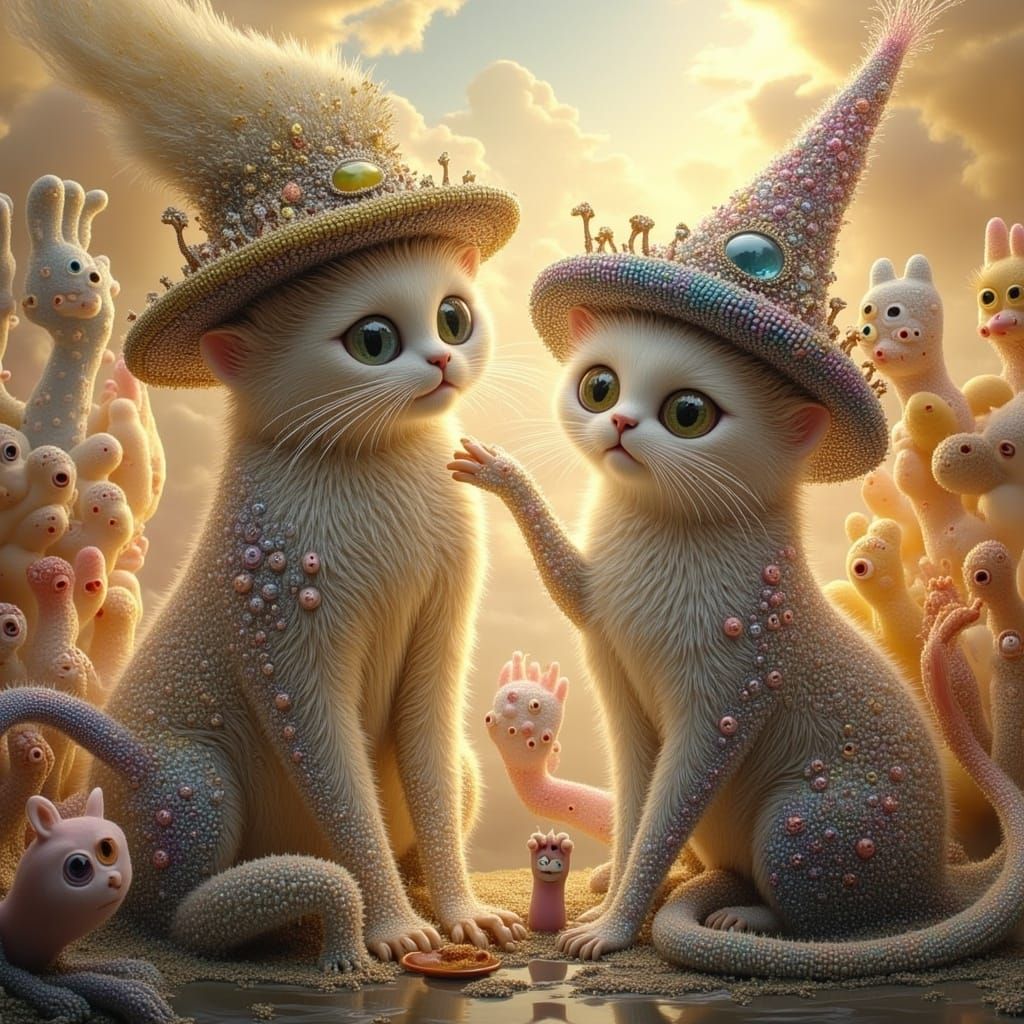 Mystical Cats in Ornate Hats: A Digital Painting