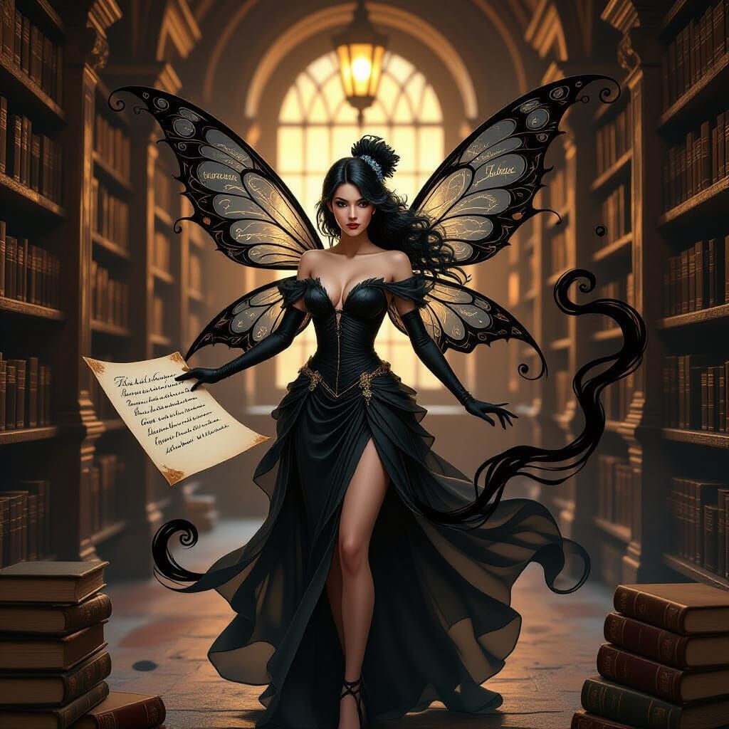 Ink Fairy in Ancient Library with Calligraphy Wings