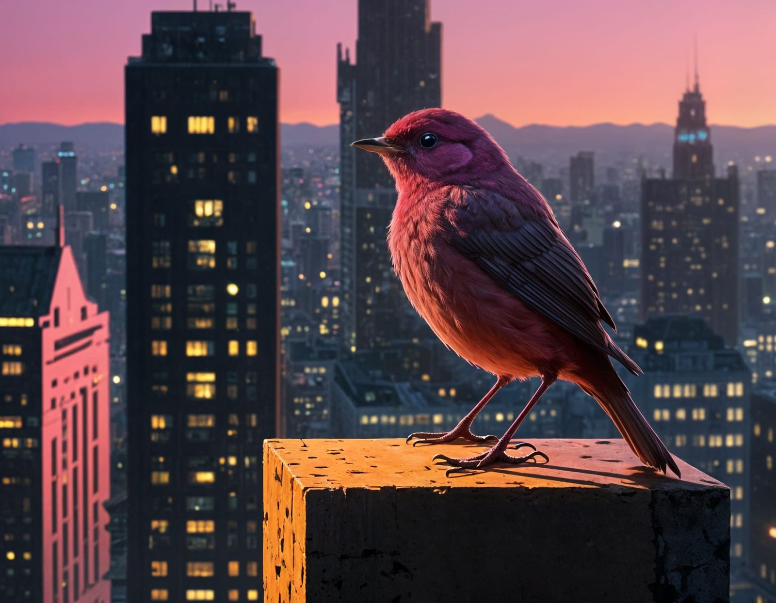 Pink Robin Superhero Overlooking City, Concept Art