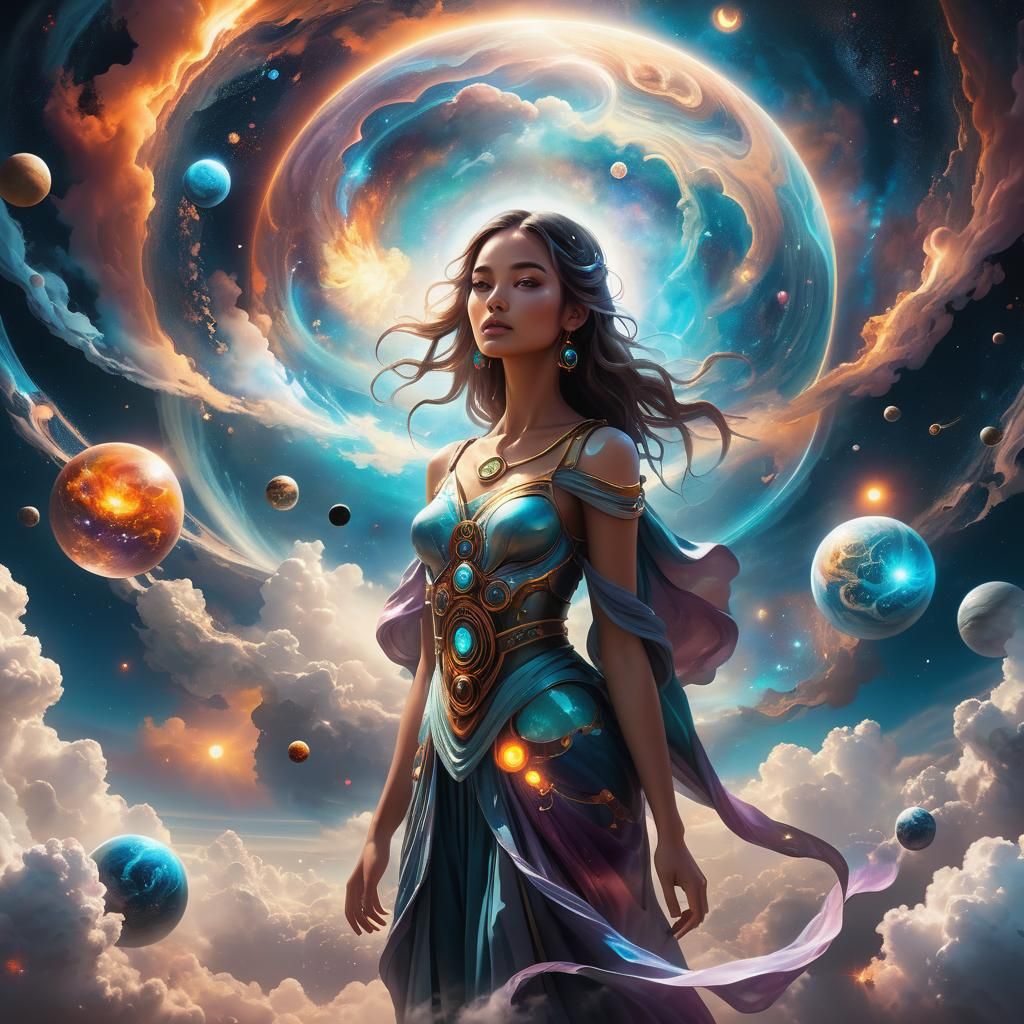 Ethereal Girl in Celestial Landscape: Surreal Oil Painting