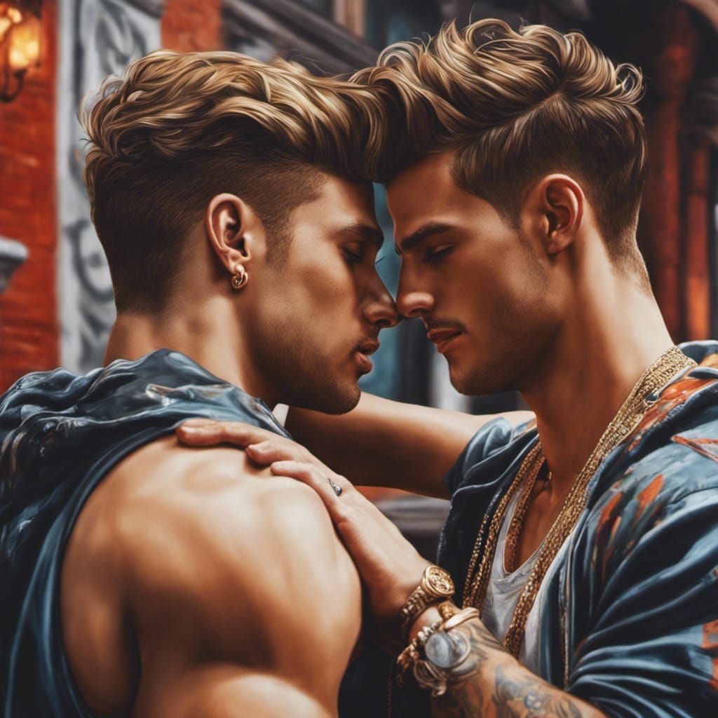 Photorealistic Painting of Two Young Men Embracing