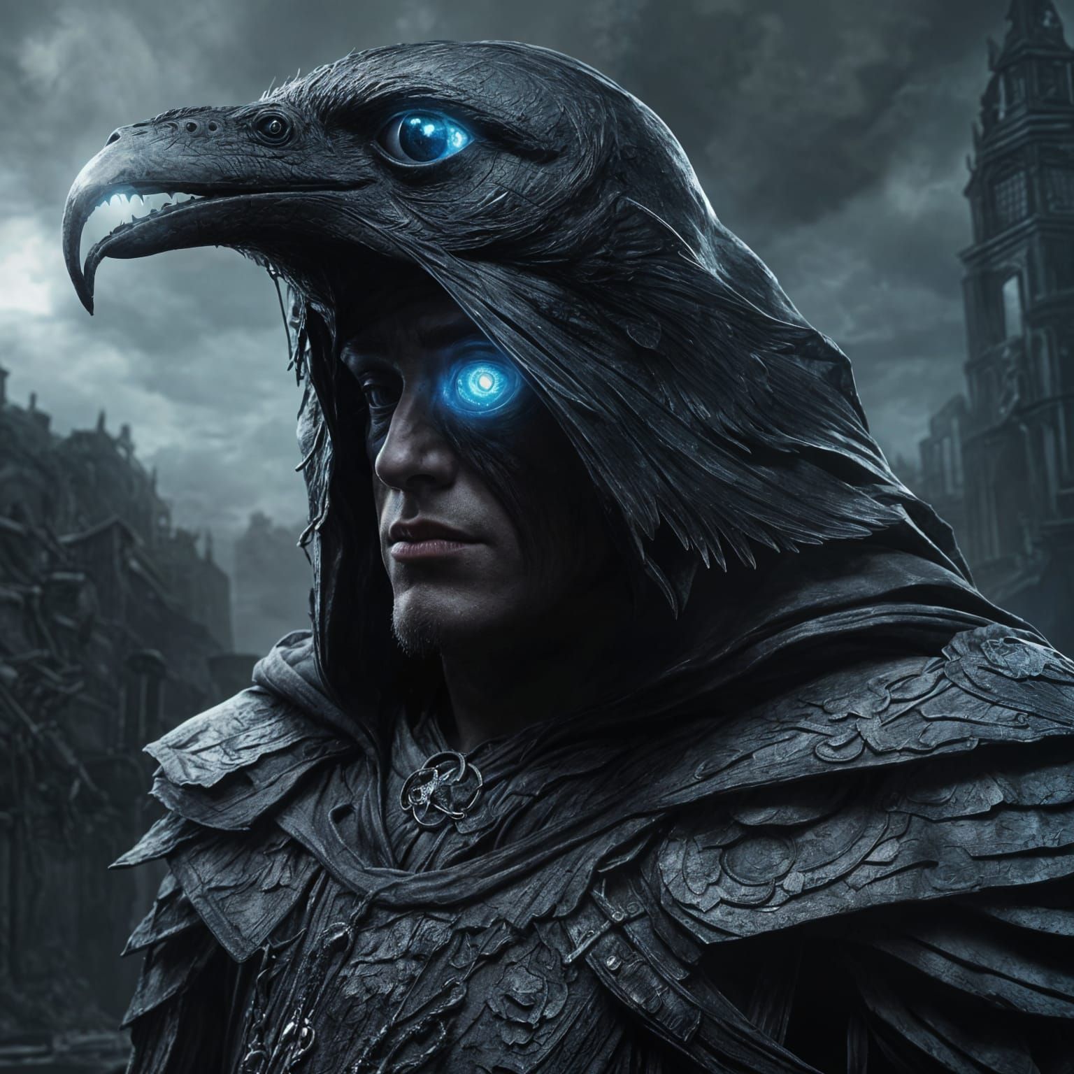 Mysterious Hooded Figure on Throne with Glowing Eyes