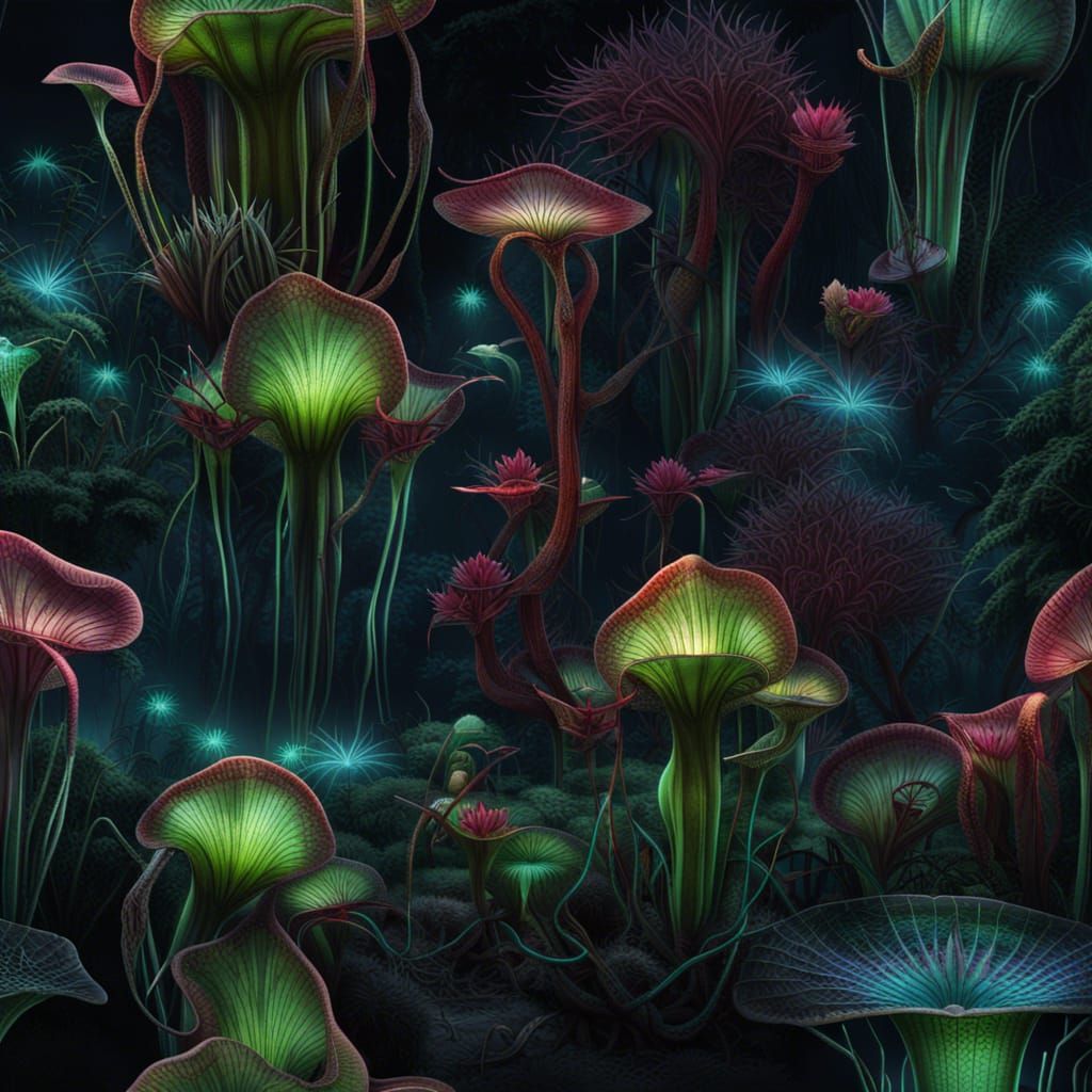 Bioluminescent Carnivorous Plants in a Neon Wetland