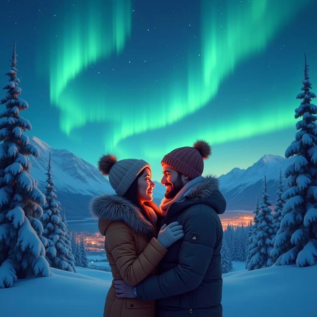 Enchanted Couple Amidst Norway's Ethereal Aurora