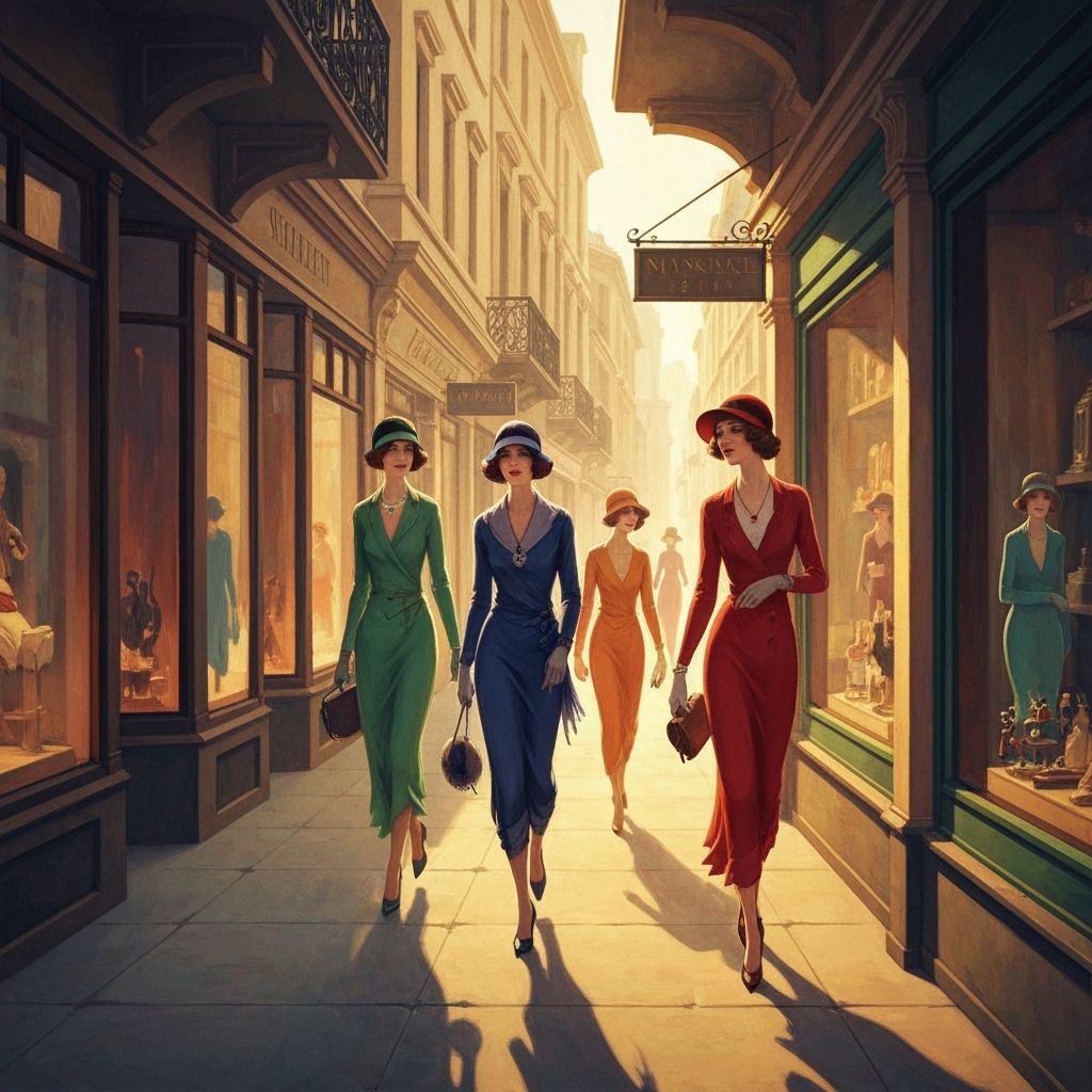 1920s Glamour Women Strolling City Street in Golden Hour