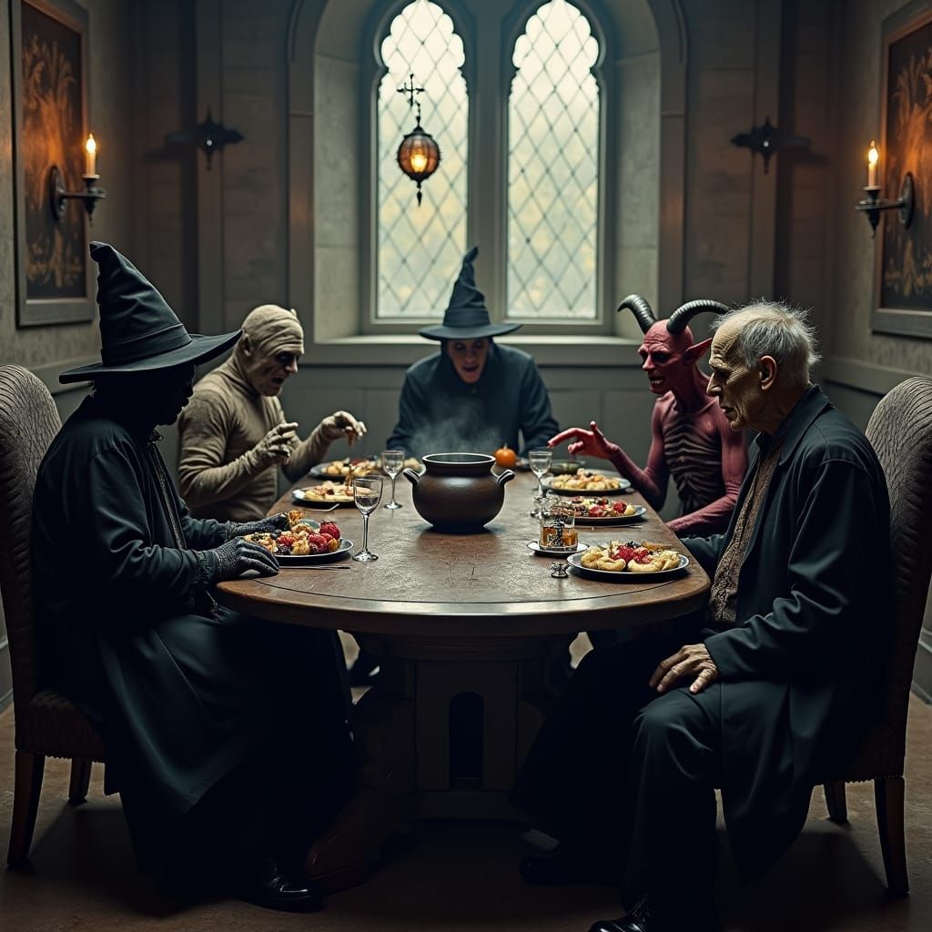 Halloween Feast with Eerie Entities in Gothic Setting