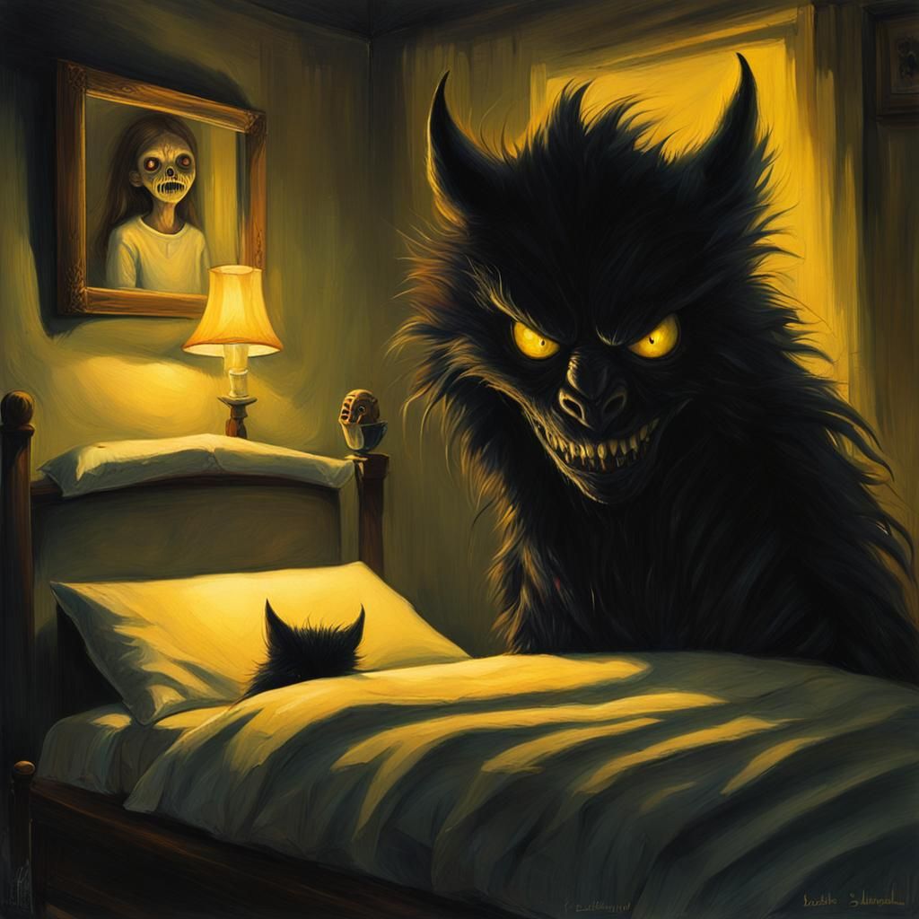 Eerie Horror: Monster Approaches Girl in Moody Oil Painting