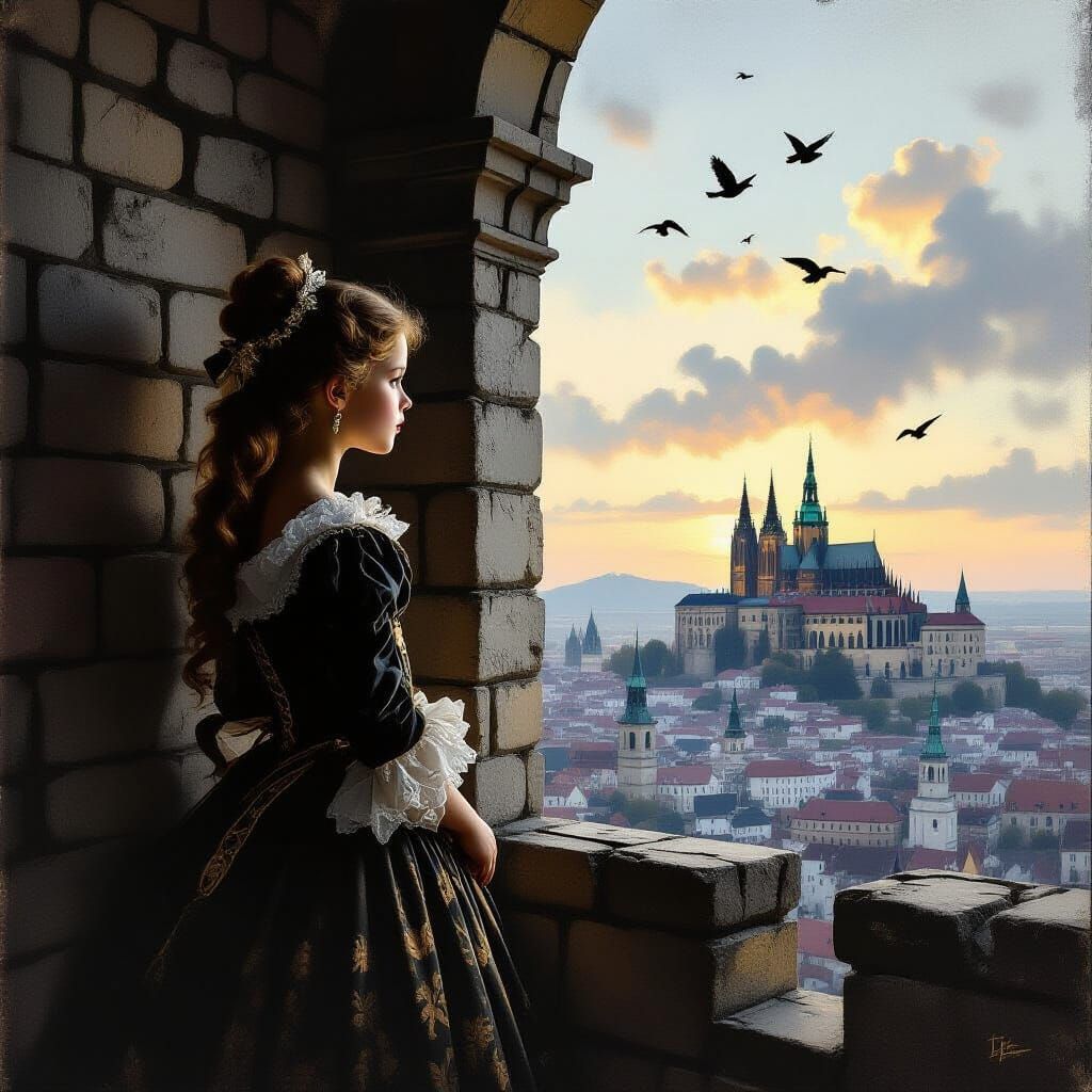 Baroque Girl Gazing at Gothic Horizon in Chiaroscuro