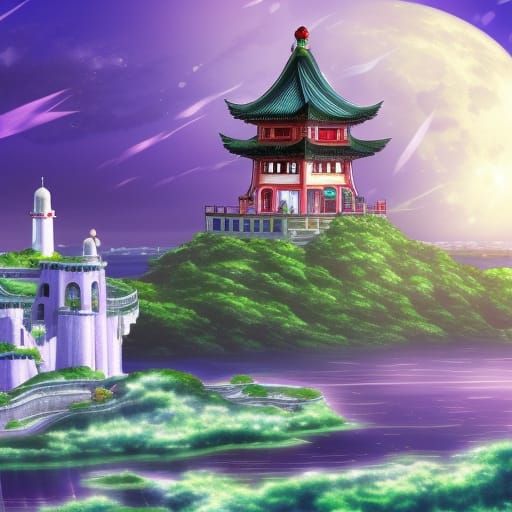 Island Port City: Moon Elf Queen in Anime Style