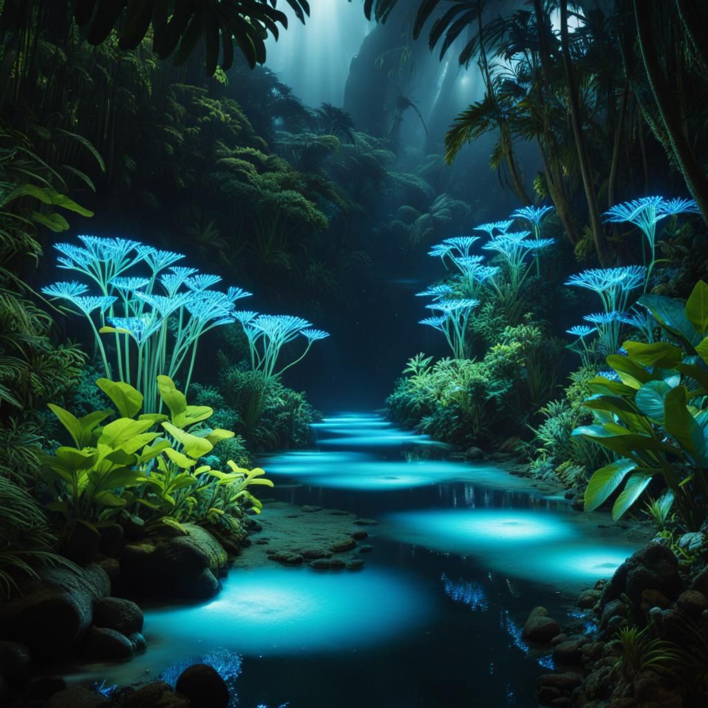 Bioluminescent Jungle Path at Night: Pandora-like Scene