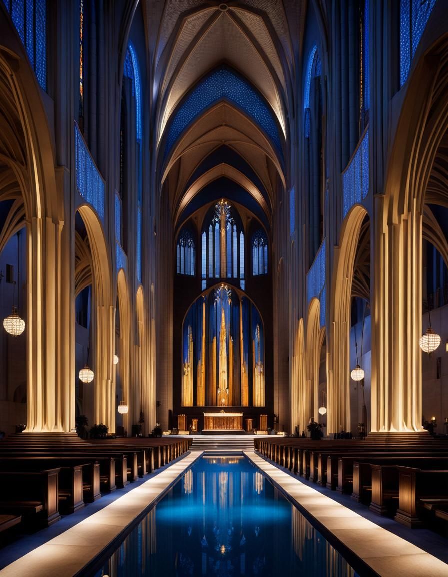 Elegant Art Deco Cathedral Interior at Night