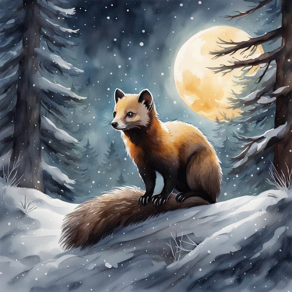 Pine Marten in Winter Forest: Watercolor Painting