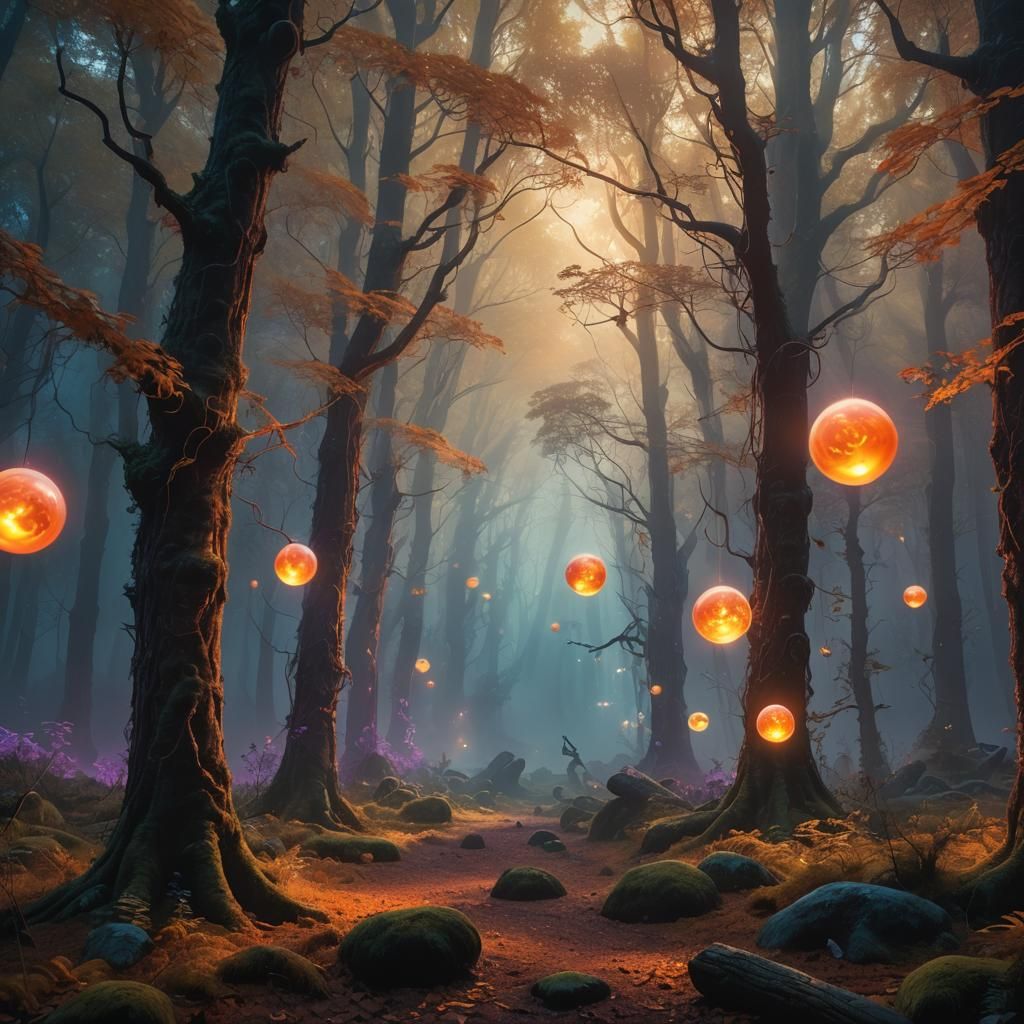 Glowing Orbs and Sausage in Mystical Forest