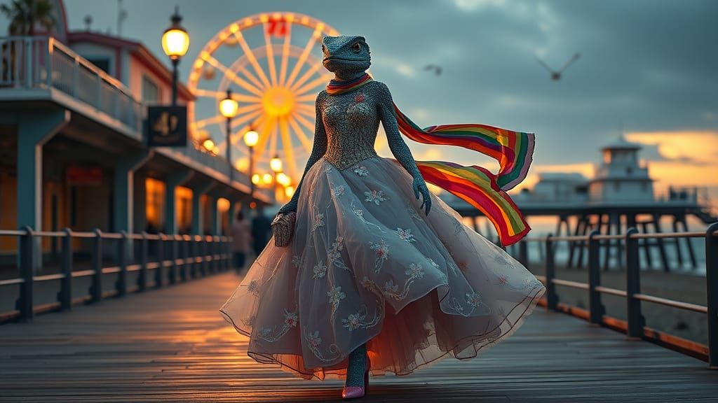 Elegant Lizard Model Struts the Santa Monica Pier in Stunnin...