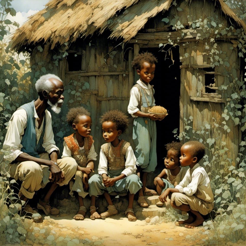 African Storytelling Scene, Expressive Illustration