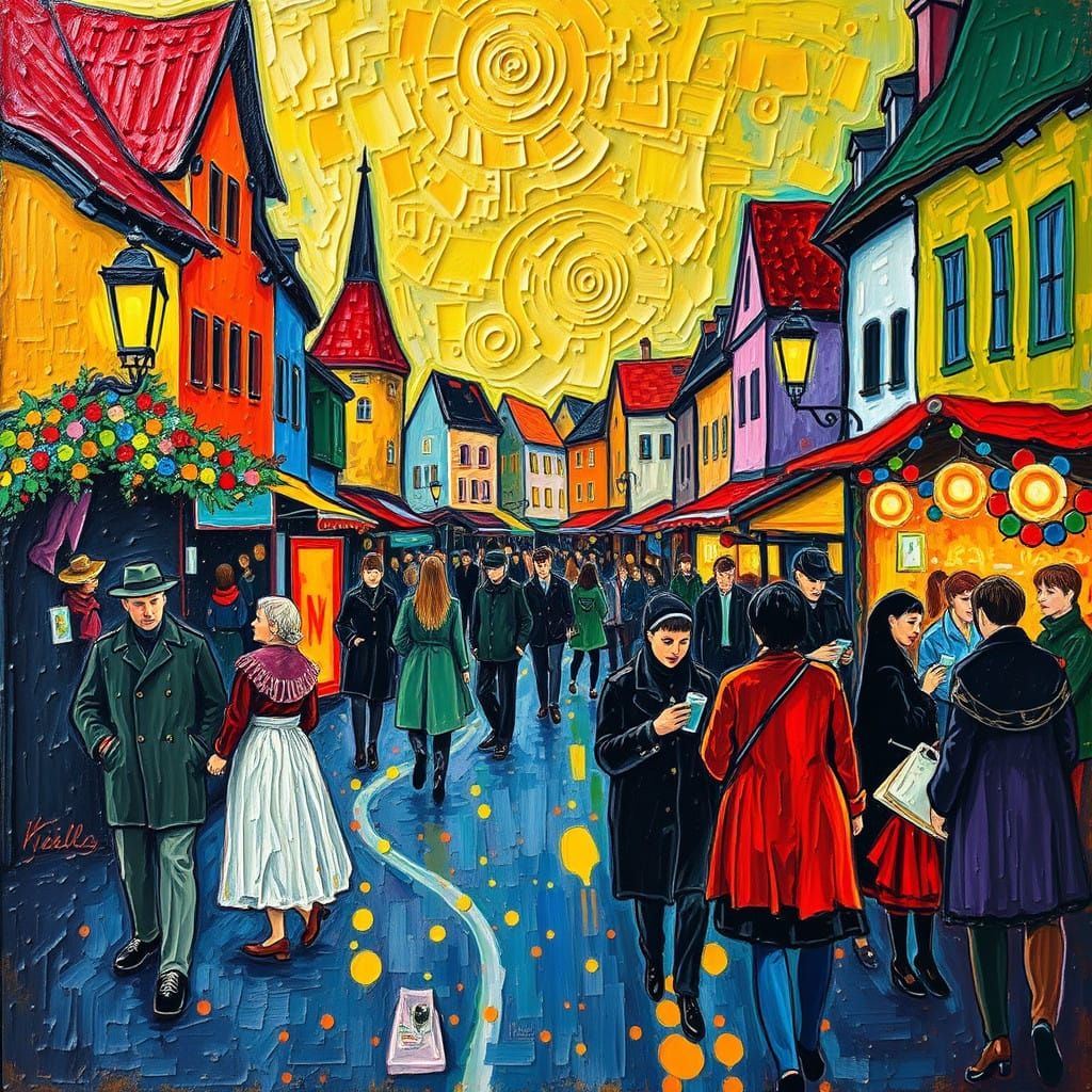 Neo-Impressionist Christmas Scene in Vibrant Expressive Colo...