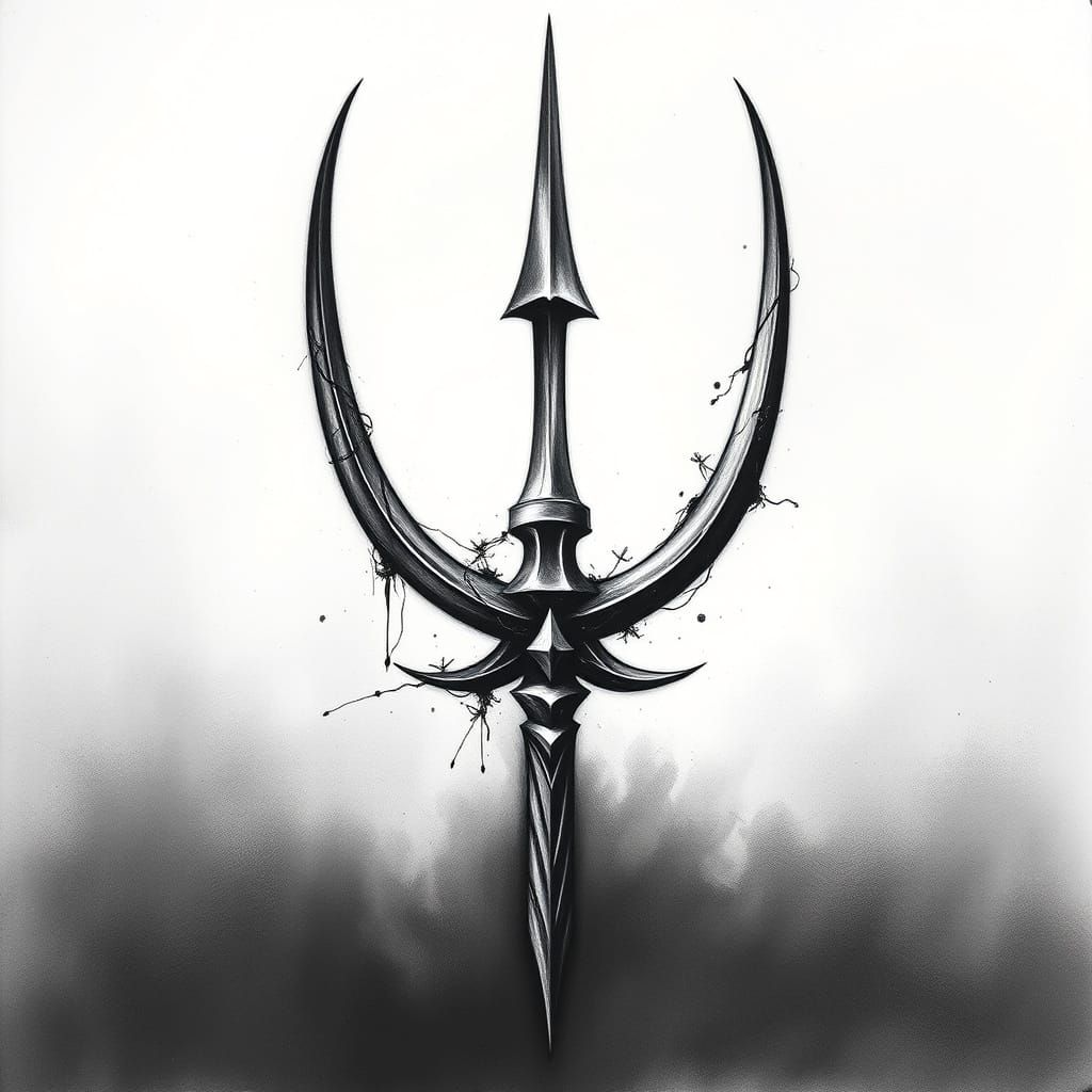 Hyper-Realistic Trident Symbol in Charcoal and Grey