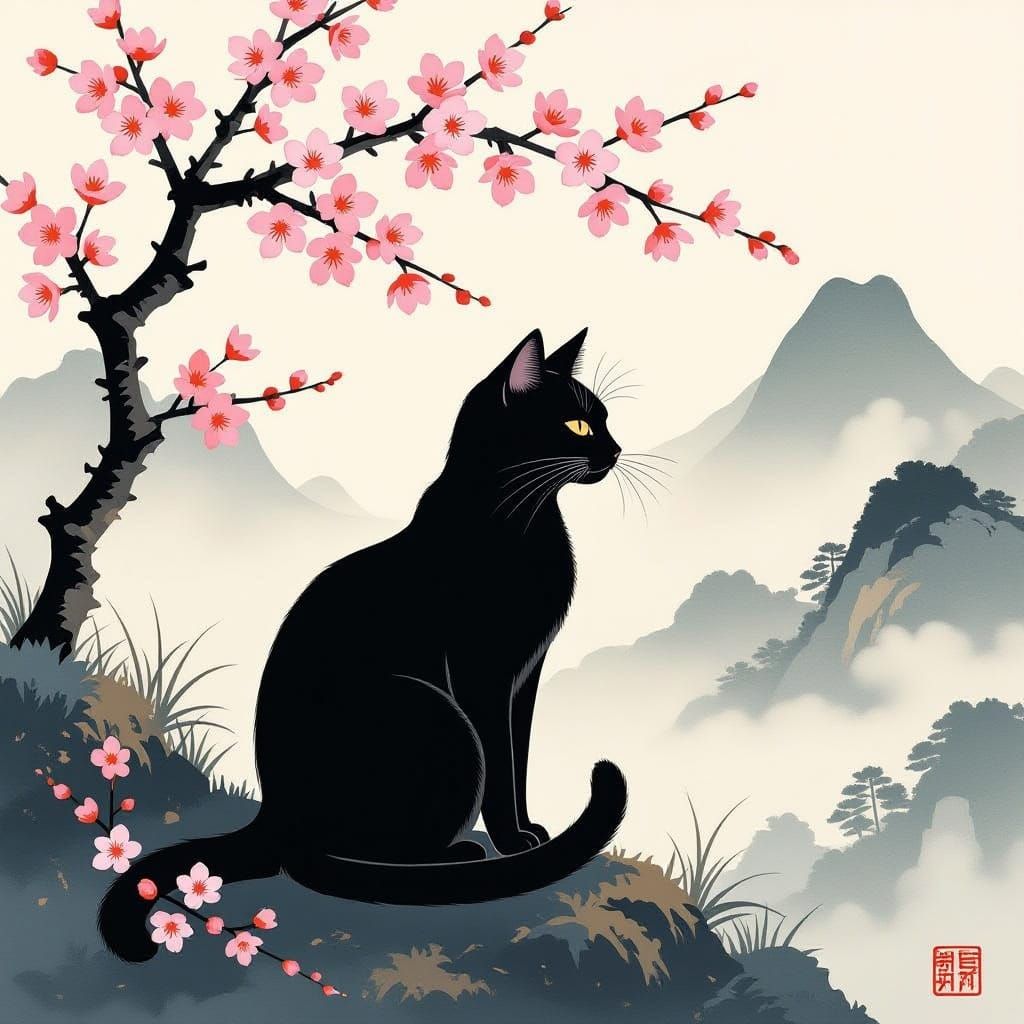 Black Cat Amidst Cherry Blossoms in Nihonga Style