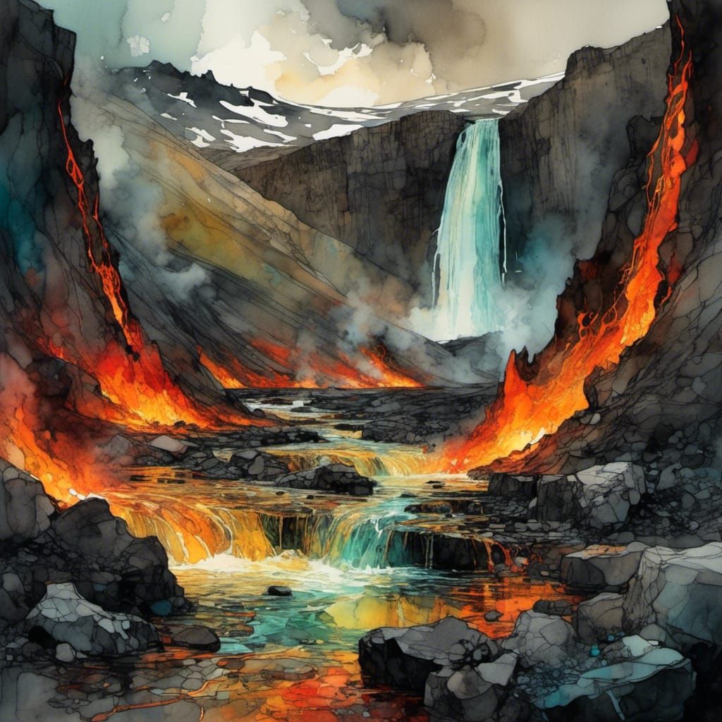 Iceland Volcano Eruption in Dark Surrealism Style