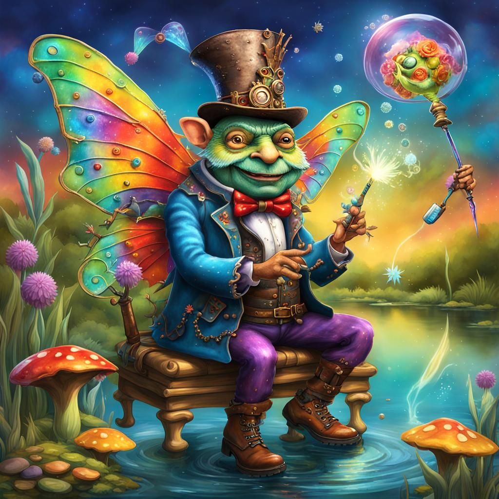 Enchanted Fairy Godfather Scene in Naive Art Style