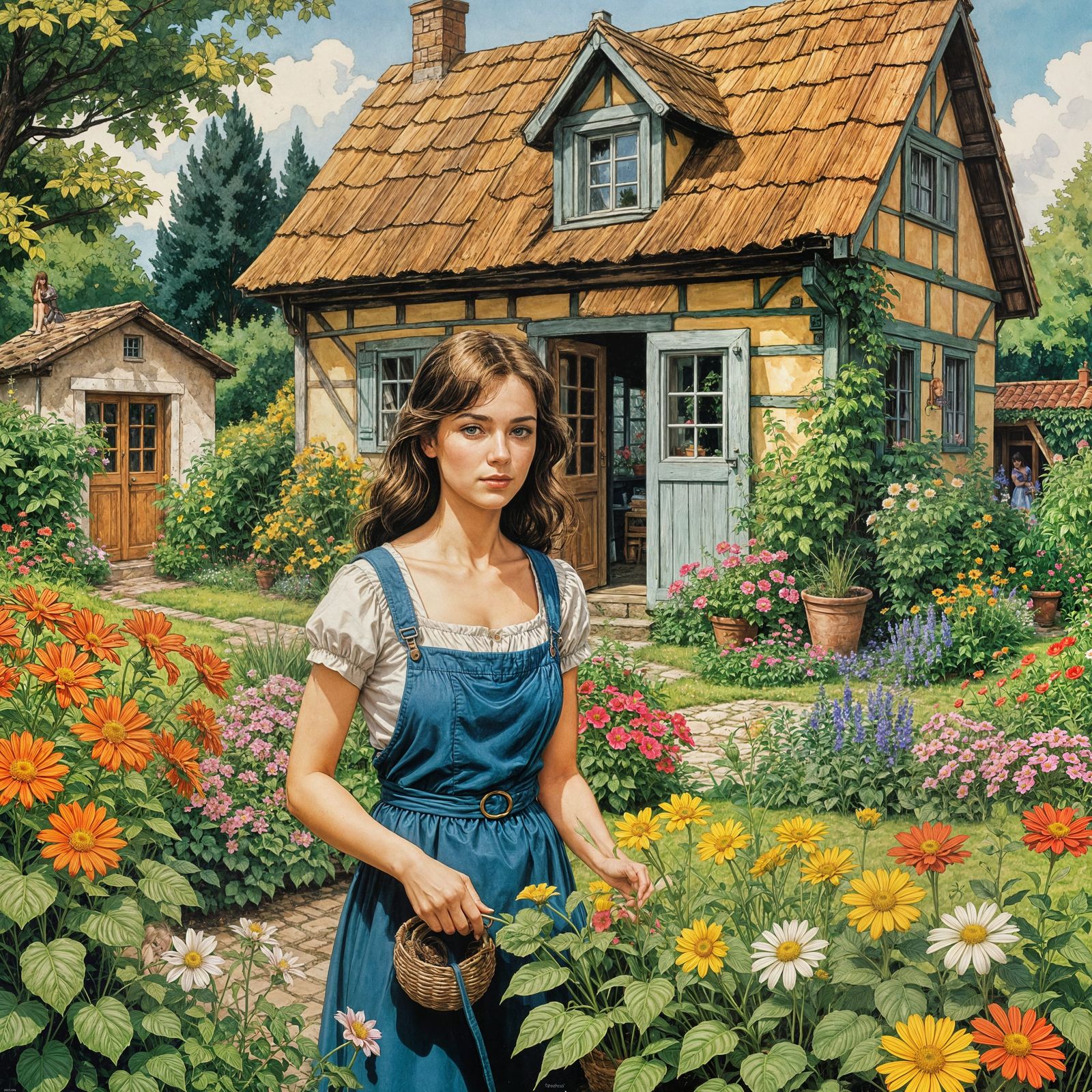 Woman Gardening at Cottage, in Comic Book Style