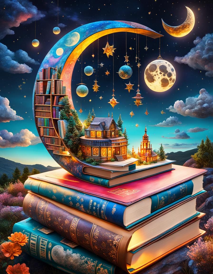 Floating Moon Library in Surreal Pointillist Style
