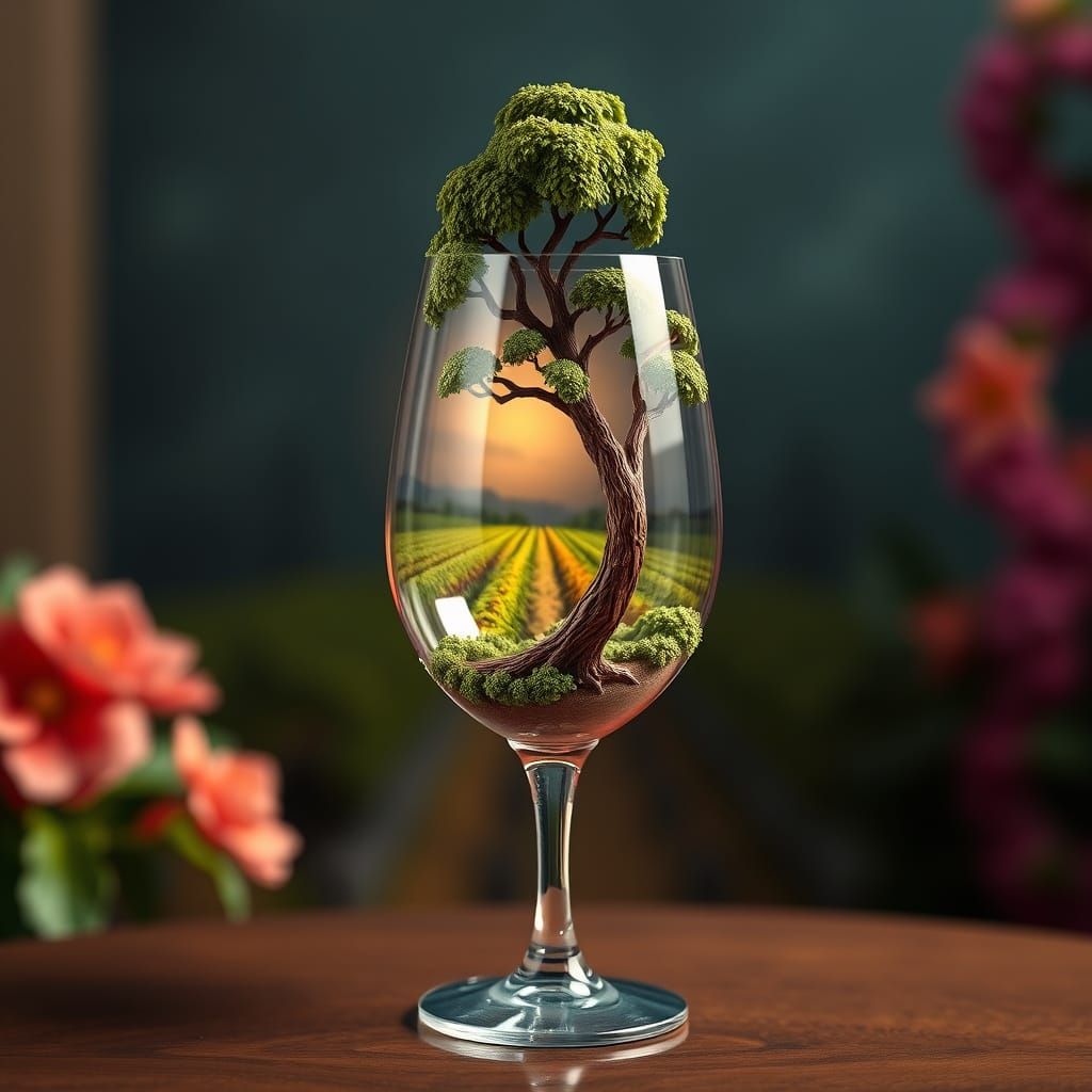 Wine Glass with Tree in Idyllic Vineyard, 3D Detailed
