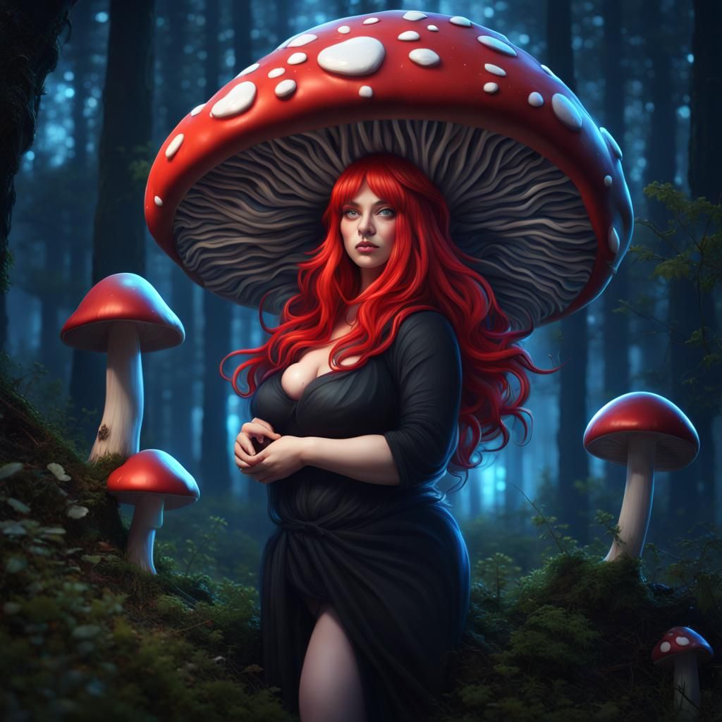 Anime Mushroom Woman in Magic Forest