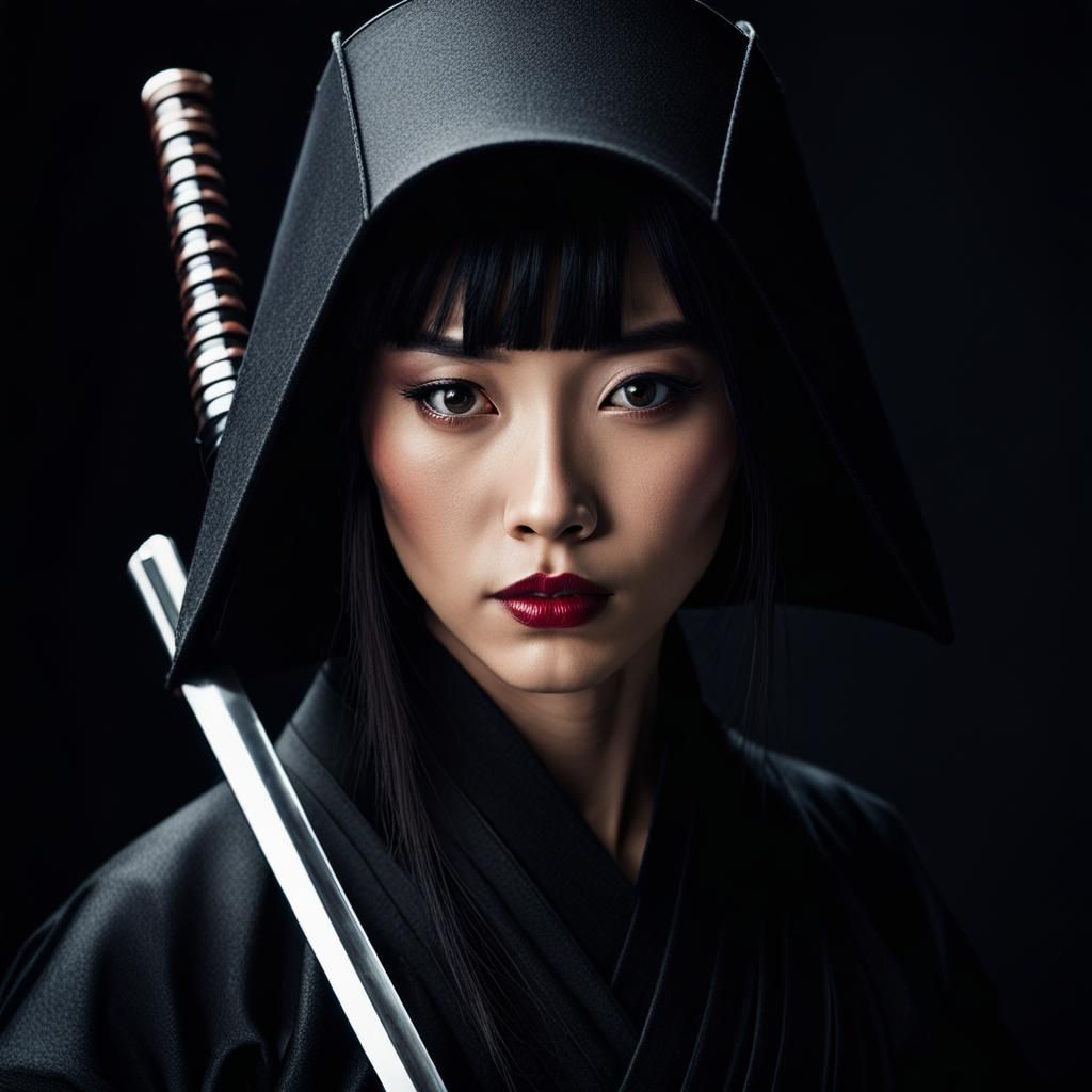 Hyperrealistic Ninja Woman Portrait with Katana