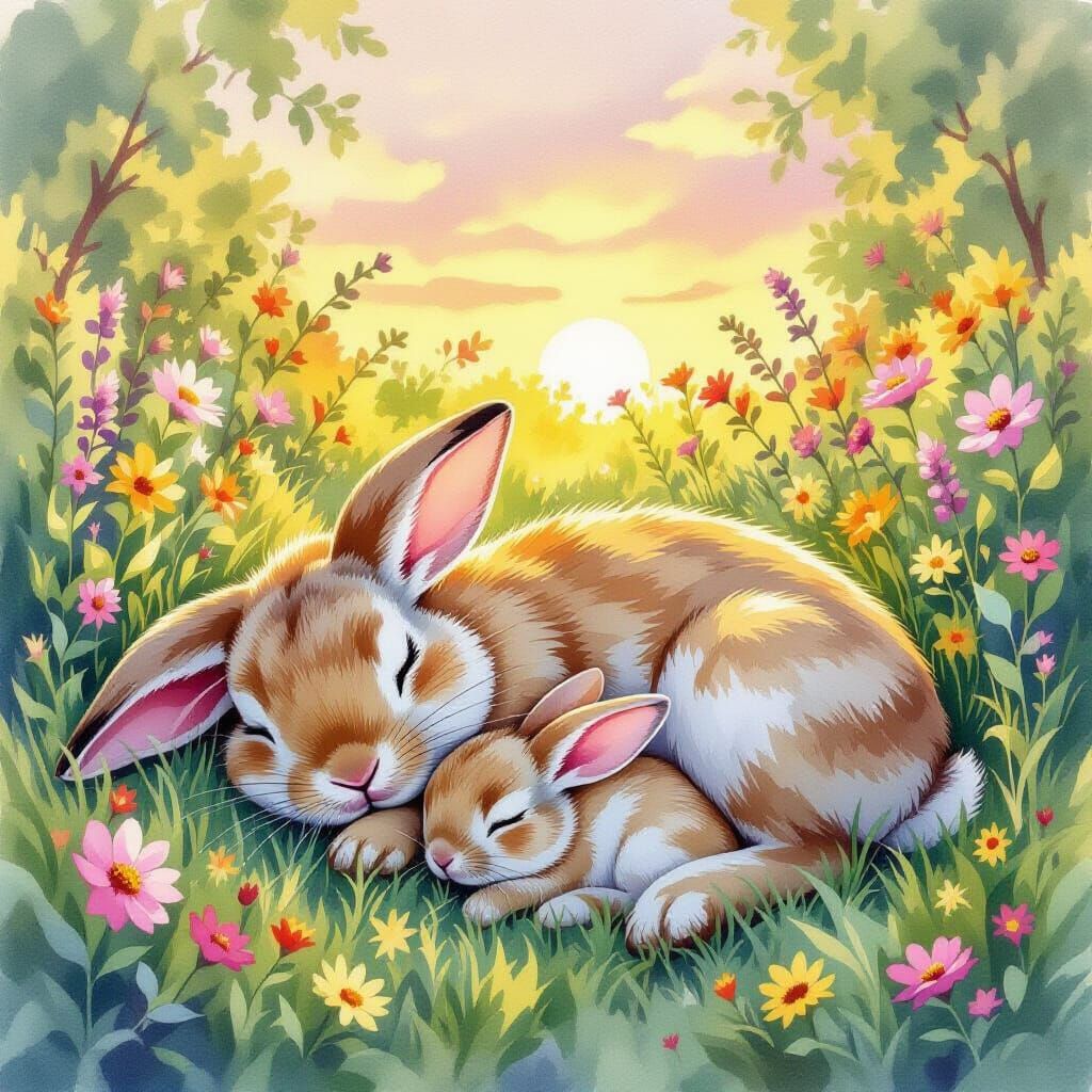 Mother Rabbit Sleeps With Baby At Sunset, Watercolor Art