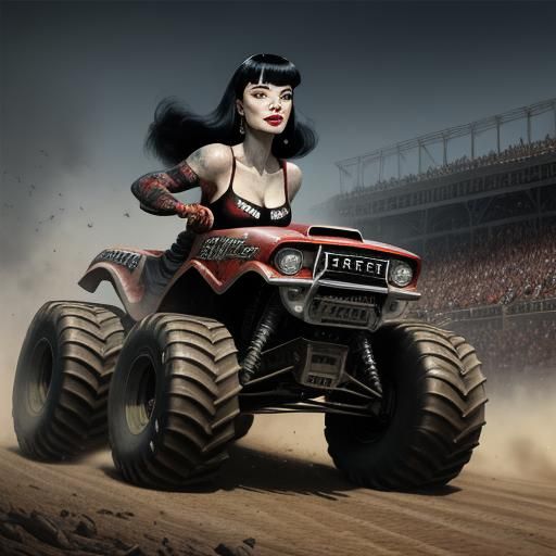 Bettie Page at a Monster Truck Rally in Horror Style
