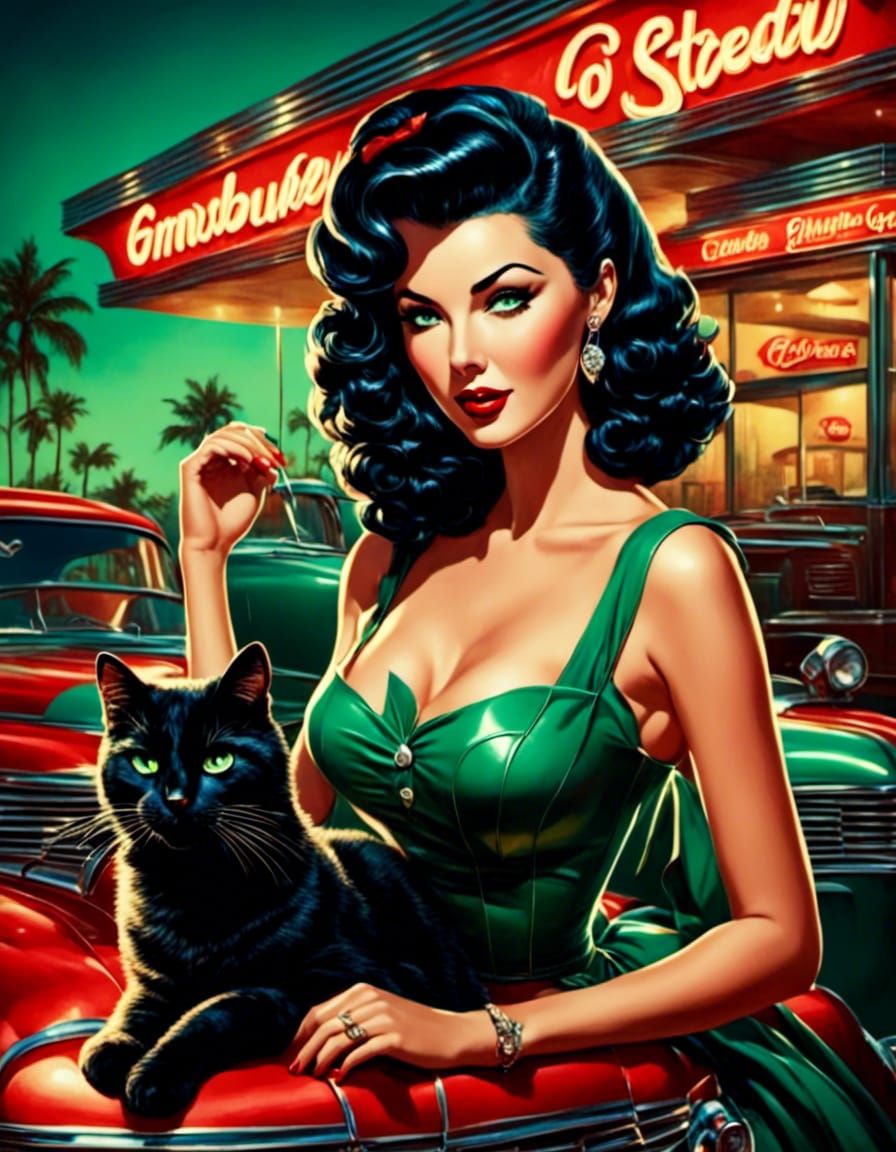 Black Cat at Retro Diner in 80s Style