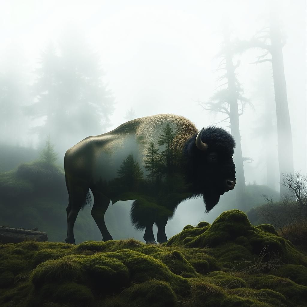 Bison and Misty Forest Double Exposure