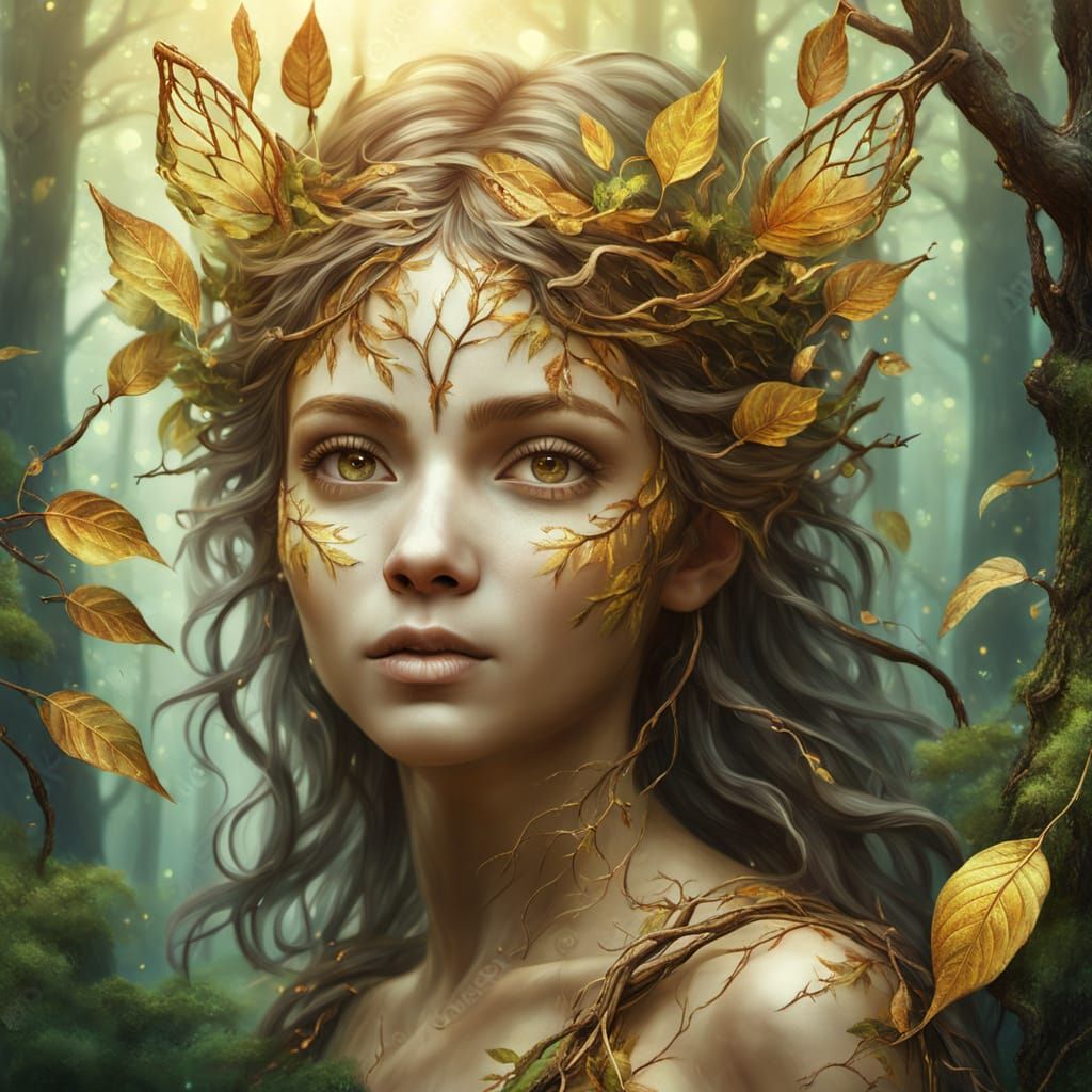 Enchanted Wood Nymph Transformation in Oil Painting Style