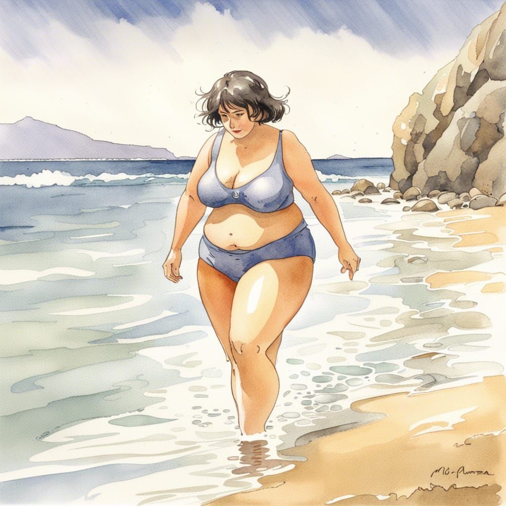 Woman Walking on Rocky Beach in Watercolor Style