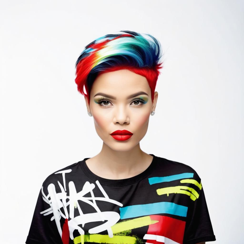 Woman with Multicolored Hair and Graffiti Shirt
