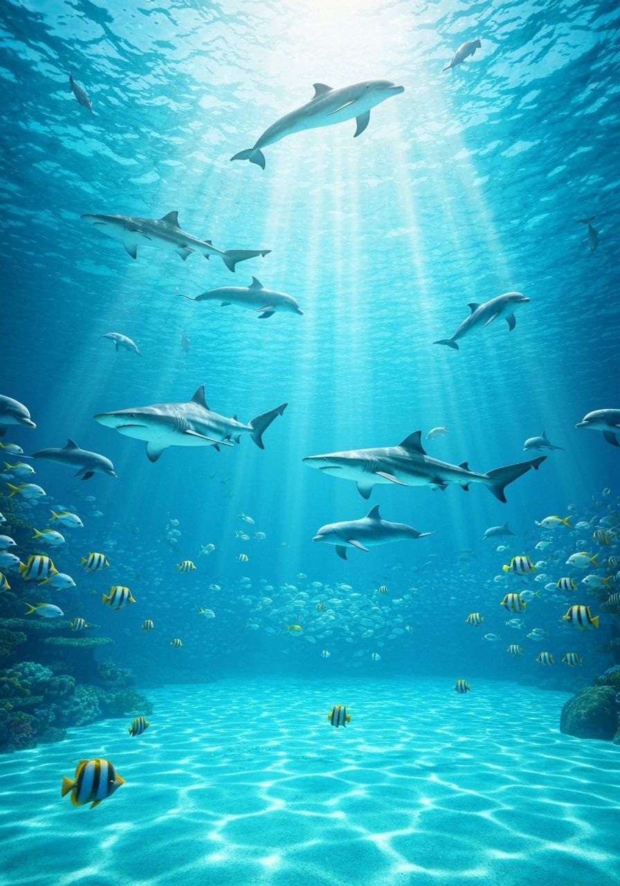 Sharks and Dolphins Swim in Crystal Pool