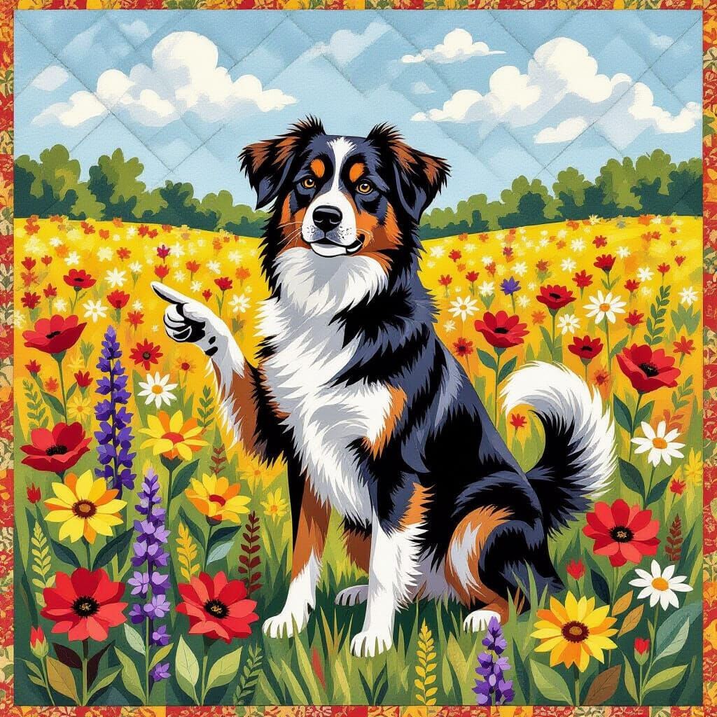 Pointing Dog in Quilted Style Field of Wildflowers