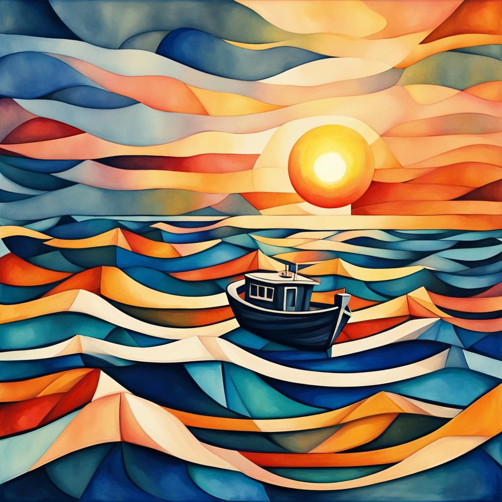 Sunset Sea Waves: Abstract Watercolor Art Deco Painting